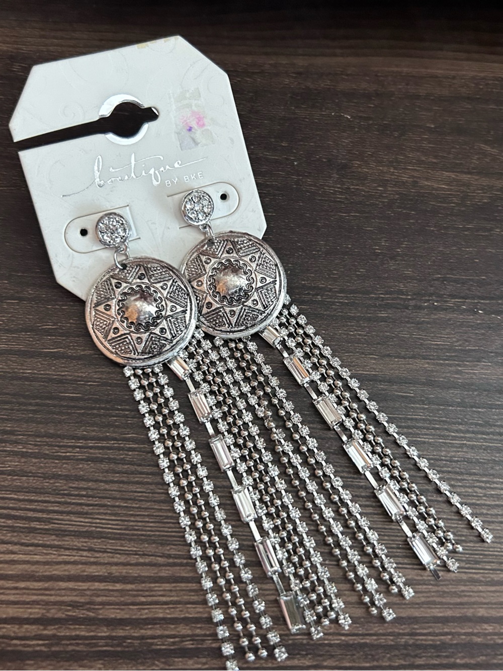 BKE Silver Medallion Tassel Drop Earrings
